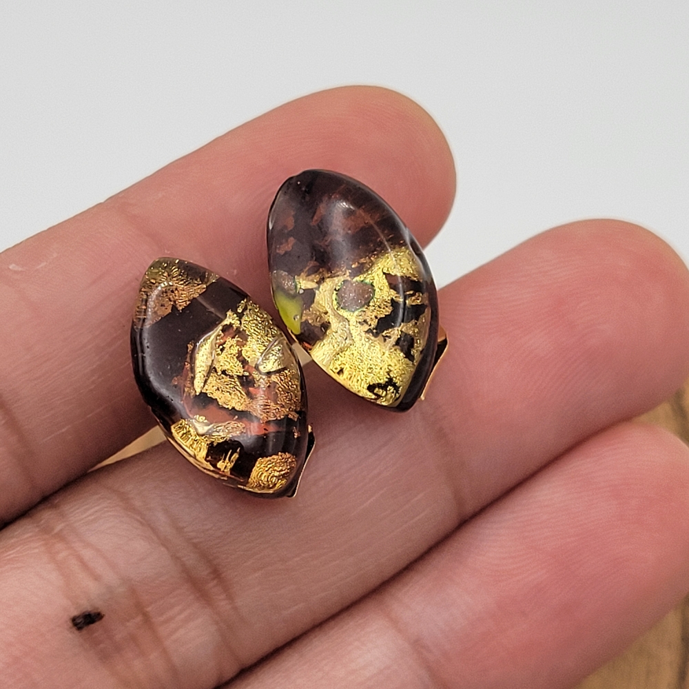 Vintage Retro Artistic Gold and Brown Resin Earrings